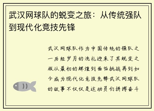 武汉网球队的蜕变之旅：从传统强队到现代化竞技先锋