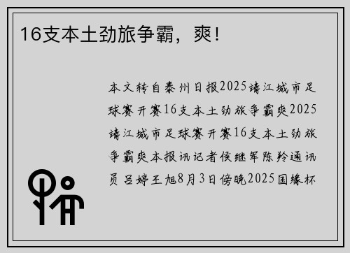16支本土劲旅争霸，爽！