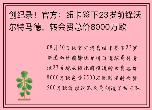 创纪录！官方：纽卡签下23岁前锋沃尔特马德，转会费总价8000万欧